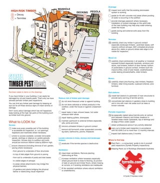 Reduce risk of timber pest damage
do not store firewood under or against building
do not store cellulose or timber products in the
subfloor, under the house or against a basement
wall
repair leaks in taps, shower bases, hot water
pressure relief valves
repair leaking gutters, downpipes
maintain paintwork to external timbers especially
sills, joints and ends
remove untreated timbers in ground contact
remove old formwork under suspended concrete,
eg stairs, bathrooms, porchs, fireplaces
Locate colonies in trees, stumps and landscape
timbers
eradicate if the termite species is destructive
Ventilation
clear/clean ventilators. Remove planting
obstructing air flow.
increase ventilation where necessary especially
where ground level is close to flooring, at junction
of slab on ground and timber floors, where missing
at corners, or if existing ventilators are inadequate
fit fan assisted ventilation where natural ventilation
is unsatisfactory
Drainage
inspect and verify that the existing stormwater
system is working
grade (or fill with concrete mix) areas where ponding
of water is occurring in the subfloor
provide drainage pipework where necessary.
Installation of subsoil drainage on the uphill side
of the main building may help stop water entering
under the house
grade paving and external soils away from the
building
Termites
carefully check any timber in ground contact
especially landscape timbers, post/stair bases, soft
masonry without antcaps, ANY untreated structures
above ALL slabs on ground where slab edge is not
visible for inspection.
Wood rot
carefully check joints/ends in all weather or moisture
exposed timbers especially handrails, windows and
doors, roof timbers, bottom of door frames, bottom
of posts/stairs in ground contact, timbers built into
masonry/tiles, ends of stair treads, weatherboards,
under leaking showers/baths, older timbers
Borers
carefully check pine flooring, stair timbers, fireplace
timbers, older lining boards, cupboard shelves, pine
furniture
Bait stations
install bait stations to perimeter of main structures to
provide early warning of termite activity
concentrate bait stations in gardens close to building
and in line with main risk areas such as trees or
known colonies
Periodic inspection
be especially vigilant about termite entry at vertical
joint between masonry and timber, breakout in
isolated areas inside cupboards, top of skirtings and
at edge of floor under carpet
obtain professional advice if any activity detected
carry out a timber pest inspection in accordance
with AS 4349.3 at no more than 12 monthly intervals
inspect bait stations every 3 months
Where to find help
Pest Pack — a consumers’ guide to do-it-yourself
pest inspections (Tyrrells Property Inspections)
Keeping Pests out of Buildings (Standards Australia)
© Tyrrells IT Proprietary Limited
STRATA
TIMBERPEST
Numbers relate to items on the drawings
If you have timber in your building, it can easily be
damaged by rot and insects pests. That’s why we have
advised periodic timber pest inspections.
You can limit any timber pest damage by keeping an
eye out for all those obvious signs of insect activity or
damage.
Don’t worry about damage which has not happened,
keep looking at the high risk parts of the building such
as timber built into ground.
What to LOOK for
Access
make sure every possible part of the building
is accessible for inspection, ie cut openings,
trapdoors and manholes where necessary
where no access available, consider removable
panels, skirtings or reliance on careful periodic
inspection. Access door to subfloor and roofs
should be minimum 400mm wide by 600mm high.
ensure clearance (including removal of soil, garden,
paving where necessary):
- from ground to underside of floor structures
- to top of slab edges from ground or paving
- from soil to underside of posts and stair bases
- to visible edges of antcaps
- to areas where attachments may bridge the
physical barriers
- of gardens and plants bridging the physical
barrier or obstructing visual inspection
1
10
9
6
3
8
7
5
4
1
2
10
15
13
12
11
14
9
2
8
7
4
3
6
5
13
14
15
12
11
D
T
D
D D
T
TT
T
T
T
HIGH RISK TIMBER
= Decay
= Termites
D
T
MANHOLE
PEGOLA
1
BAIT STATION
DECKING
T
tyrrells.com
 