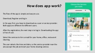 The flow of the app is simple and easy to use.
Download, Register and log in
In the app, first, you have to download as a user or service provider.
Both apps are different for different users.
After the registration, the next step is to log in. Downloading the app
is free of cost.
Select the services to hire a maid for your home, office, restaurant
cleaning.
The user selects the time and date, so the service provider near the
area accept the job and start your home cleaning service.
How does app work?
 