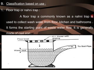 B. Classification based on use :
1. Floor trap or nahni trap :
A floor trap a commonly known as a nahni trap is
used to co...