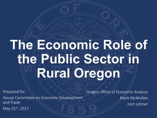 The Economic Role of
the Public Sector in
Rural Oregon
Prepared for:
House Committee on Economic Development
and Trade
May 31st, 2017
Oregon Office of Economic Analysis
Mark McMullen
Josh Lehner
 