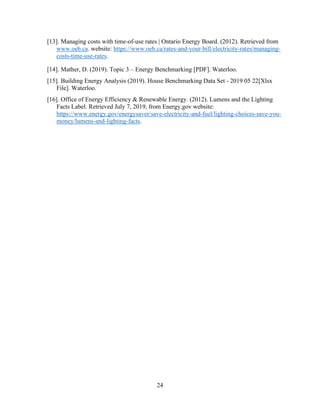 24
[13]. Managing costs with time-of-use rates | Ontario Energy Board. (2012). Retrieved from
www.oeb.ca. website: https://www.oeb.ca/rates-and-your-bill/electricity-rates/managing-
costs-time-use-rates.
[14]. Mather, D. (2019). Topic 3 – Energy Benchmarking [PDF]. Waterloo.
[15]. Building Energy Analysis (2019). House Benchmarking Data Set - 2019 05 22[Xlsx
File]. Waterloo.
[16]. Office of Energy Efficiency & Renewable Energy. (2012). Lumens and the Lighting
Facts Label. Retrieved July 7, 2019, from Energy.gov website:
https://www.energy.gov/energysaver/save-electricity-and-fuel/lighting-choices-save-you-
money/lumens-and-lighting-facts.
 