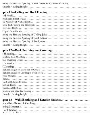 tructural Insulated Panels (SIPs) . . . . . . . . . . . . . . . . . . . . . . . . . . . . . . . . . . . . . . . . . . . . . . . 11
hoosing the Size and Spacing of Wall Studs for Platform Framing . . . . . . . . . . . . . . . . . . 11
ustainable Housing Insight. . . . . . . . . . . . . . . . . . . . . . . . . . . . . . . . . . . . . . . . . . . . . . . . . . . . 11
Chapter 11—Ceiling and Roof Framing. . . . . . . . . . . . . . . . . . . . . . . . . . . . . . . . . . 11
itched Roofs . . . . . . . . . . . . . . . . . . . . . . . . . . . . . . . . . . . . . . . . . . . . . . . . . . . . . . . . . . . . . . . . 11
Prefabricated Roof Trusses . . . . . . . . . . . . . . . . . . . . . . . . . . . . . . . . . . . . . . . . . . . . . . . . . . . . 11
Site Assembly of Pitched Roofs . . . . . . . . . . . . . . . . . . . . . . . . . . . . . . . . . . . . . . . . . . . . . . . . . 12
Gable-End Framing and Projections . . . . . . . . . . . . . . . . . . . . . . . . . . . . . . . . . . . . . . . . . . . . . 12
Low-Slope Roofs . . . . . . . . . . . . . . . . . . . . . . . . . . . . . . . . . . . . . . . . . . . . . . . . . . . . . . . . . . . . 12
oof Space Ventilation . . . . . . . . . . . . . . . . . . . . . . . . . . . . . . . . . . . . . . . . . . . . . . . . . . . . . . . . 13
hoosing the Size and Spacing of Ceiling Joists . . . . . . . . . . . . . . . . . . . . . . . . . . . . . . . . . . . 13
hoosing the Size and Spacing of Roof Rafters . . . . . . . . . . . . . . . . . . . . . . . . . . . . . . . . . . . 13
hoosing the Size and Spacing of Roof Joists . . . . . . . . . . . . . . . . . . . . . . . . . . . . . . . . . . . . . 13
ustainable Housing Insight. . . . . . . . . . . . . . . . . . . . . . . . . . . . . . . . . . . . . . . . . . . . . . . . . . . . 13
Chapter 12—Roof Sheathing and Coverings . . . . . . . . . . . . . . . . . . . . . . . . . . . . . 13
oof Sheathing. . . . . . . . . . . . . . . . . . . . . . . . . . . . . . . . . . . . . . . . . . . . . . . . . . . . . . . . . . . . . . . 13
Installing Roof Sheathing . . . . . . . . . . . . . . . . . . . . . . . . . . . . . . . . . . . . . . . . . . . . . . . . . . . . . 13
Roof Sheathing Details . . . . . . . . . . . . . . . . . . . . . . . . . . . . . . . . . . . . . . . . . . . . . . . . . . . . . . . 13
ave Protection . . . . . . . . . . . . . . . . . . . . . . . . . . . . . . . . . . . . . . . . . . . . . . . . . . . . . . . . . . . . . . 13
oof Coverings . . . . . . . . . . . . . . . . . . . . . . . . . . . . . . . . . . . . . . . . . . . . . . . . . . . . . . . . . . . . . . 14
Asphalt Shingles on Slopes 1:3 or Greater . . . . . . . . . . . . . . . . . . . . . . . . . . . . . . . . . . . . . . . . . 14
Asphalt Shingles on Low Slopes of 1:6 to 1:3 . . . . . . . . . . . . . . . . . . . . . . . . . . . . . . . . . . . . . . 14
Wood Shingles . . . . . . . . . . . . . . . . . . . . . . . . . . . . . . . . . . . . . . . . . . . . . . . . . . . . . . . . . . . . . 14
Shakes . . . . . . . . . . . . . . . . . . . . . . . . . . . . . . . . . . . . . . . . . . . . . . . . . . . . . . . . . . . . . . . . . . . . 14
Finish at Ridge and Hips. . . . . . . . . . . . . . . . . . . . . . . . . . . . . . . . . . . . . . . . . . . . . . . . . . . . . . 14
Built-up Roofs. . . . . . . . . . . . . . . . . . . . . . . . . . . . . . . . . . . . . . . . . . . . . . . . . . . . . . . . . . . . . . 14
Sheet Metal Roofing . . . . . . . . . . . . . . . . . . . . . . . . . . . . . . . . . . . . . . . . . . . . . . . . . . . . . . . . . 14
Concrete and Clay Tile Roofing . . . . . . . . . . . . . . . . . . . . . . . . . . . . . . . . . . . . . . . . . . . . . . . . 14
ustainable Housing Insight. . . . . . . . . . . . . . . . . . . . . . . . . . . . . . . . . . . . . . . . . . . . . . . . . . . . 14
Chapter 13—Wall Sheathing and Exterior Finishes . . . . . . . . . . . . . . . . . . . . . . . 14
ypes and Installation of Sheathing . . . . . . . . . . . . . . . . . . . . . . . . . . . . . . . . . . . . . . . . . . . . . 14
heathing Membrane . . . . . . . . . . . . . . . . . . . . . . . . . . . . . . . . . . . . . . . . . . . . . . . . . . . . . . . . . 15
xterior Cladding . . . . . . . . . . . . . . . . . . . . . . . . . . . . . . . . . . . . . . . . . . . . . . . . . . . . . . . . . . . . 15
Metal and Vinyl Sidings . . . . . . . . . . . . . . . . . . . . . . . . . . . . . . . . . . . . . . . . . . . . . . . . . . . . . . 15
Horizontal Application . . . . . . . . . . . . . . . . . . . . . . . . . . . . . . . . . . . . . . . . . . . . . . . . . . . . 15
 