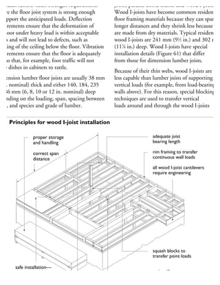 anadian lumber sizes. Strength requirements
nsure the floor joist system is strong enough
support the anticipated loads. Deflection
quirements ensure that the deformation of
he floor under heavy load is within acceptable
mits and will not lead to defects, such as
acking of the ceiling below the floor. Vibration
quirements ensure that the floor is adequately
iff so that, for example, foot traffic will not
use dishes in cabinets to rattle.
imension lumber floor joists are usually 38 mm
2 in. nominal) thick and either 140, 184, 235
r 286 mm (6, 8, 10 or 12 in. nominal) deep
epending on the loading, span, spacing between
ists, and species and grade of lumber.
joists, parallel chord trusses and wood I-joists.
Wood I-joists have become common residential
floor framing materials because they can span
longer distances and they shrink less because the
are made from dry materials. Typical residential
wood I-joists are 241 mm (91
⁄2 in.) and 302 mm
(117
⁄8 in.) deep. Wood I-joists have special
installation details (Figure 61) that differ
from those for dimension lumber joists.
Because of their thin webs, wood I-joists are
less capable than lumber joists of supporting
vertical loads (for example, from load-bearing
walls above). For this reason, special blocking
techniques are used to transfer vertical
loads around and through the wood I-joists
adequate joist
bearing length
rim framing to transfer
continuous wall loads
all wood I-joist cantilevers
require engineering
squash blocks to
transfer point loads
web stiffeners
(where required)
to transfer floor loads
safe installation—
bracing or sheathing
correct placement and
proper storage
and handling
correct span
distance
61 Principles for wood I-joist installation
 