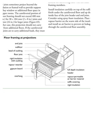 AT PROJECTIONS
oor joists sometimes project beyond the
undation or framed wall to provide support
r a bay window or additional floor space in
he upper rooms. The cantilevered portion of
he floor framing should not exceed 400 mm
16 in.) for 38 × 184 mm (2 × 8 in.) joists and
00 mm (24 in.) for larger joists (Figure 65).
n either case, this projection should not carry
ads from additional floors. If the cantilevered
oor joists are to carry additional loads, they must
Extend the subflooring flush with the outer
framing members.
Install insulation carefully on top of the soffit
finish under the cantilevered floor and up the
inside face of the joist header and end joists.
Consider using spray foam insulation. Place the
vapour barrier on the warm side of the insulatio
and install an air barrier to prevent air leakage
through the cantilevered floor assembly.
end joist
subfloor
bead of caulking
floor joist
rigid insulation
with caulking
vapour retarder
gypsum board
overhang
full depth insulation
header
vapour-permeable
air barrier material
soffit covering
rigid insulation
65 Floor framing at projections
 