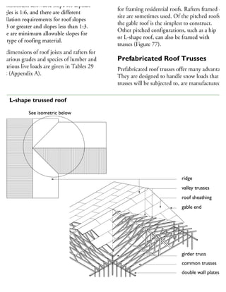 he minimum allowable slope for asphalt
hingles is 1:6, and there are different
stallation requirements for roof slopes
1:3 or greater and slopes less than 1:3.
here are minimum allowable slopes for
ch type of roofing material.
he dimensions of roof joists and rafters for
he various grades and species of lumber and
r various live loads are given in Tables 29
32 (Appendix A).
Prefabricated roof trusses are most often used
for framing residential roofs. Rafters framed on
site are sometimes used. Of the pitched roofs,
the gable roof is the simplest to construct.
Other pitched configurations, such as a hip
or L-shape roof, can also be framed with
trusses (Figure 77).
Prefabricated Roof Trusses
Prefabricated roof trusses offer many advantages
They are designed to handle snow loads that the
trusses will be subjected to, are manufactured
See isometric below
ridge
valley trusses
roof sheathing
gable end
girder truss
common trusses
double wall plates
77 L-shape trussed roof
 