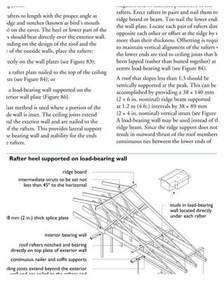 iling joists.
ut rafters to length with the proper angle at
he ridge and notches (known as bird’s mouth
ints) on the eaves. The heel or lower part of the
fters should bear directly over the exterior wall.
epending on the design of the roof and the
hape of the outside walls, place the rafters:
directly on the wall plates (see Figure 83);
on a rafter plate nailed to the top of the ceiling
joists (see Figure 84); or
on a load-bearing wall supported on the
exterior wall plate (Figure 86).
he last method is used where a portion of the
utside wall is inset. The ceiling joists extend
eyond the exterior wall and are nailed to the
de of the rafters. This provides lateral support
r the bearing wall and stability for the ends
the rafters.
ridgeline and to facilitate placement of the
rafters. Erect rafters in pairs and nail them to th
ridge board or beam. Toe-nail the lower ends to
the wall plate. Locate each pair of rafters directly
opposite each other or offset at the ridge by not
more than their thickness. Offsetting is required
to maintain vertical alignment of the rafters whe
the lower ends are tied to ceiling joists that have
been lapped (rather than butted together) at the
centre load-bearing wall (see Figure 84).
A roof that slopes less than 1:3 should be
vertically supported at the peak. This can be
accomplished by providing a 38 × 140 mm
(2 × 6 in. nominal) ridge beam supported
at 1.2 m (4 ft.) intervals by 38 × 89 mm
(2 × 4 in. nominal) vertical struts (see Figure 84)
A load-bearing wall may be used instead of the
ridge beam. Since the ridge support does not
result in outward thrust of the roof members,
continuous ties between the lower ends of
ridge board
intermediate struts to be set not
less than 45º to the horizontal
interior bearing wall
roof rafters notched and bearing
directly on top plate of exterior wall
continuous nailer and soffit supports
ceiling joists extend beyond the exterior
wall and are nailed to the rafters and
toe-nailed to the double wall plate
studs in load-bearing
wall located directly
under each rafter38 mm (2 in.) thick splice plate
86 Rafter heel supported on load-bearing wall
 