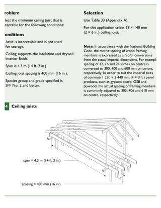Problem
Select the minimum ceiling joist that is
acceptable for the following conditions:
Conditions
Attic is inaccessible and is not used
for storage.
Ceiling supports the insulation and drywall
interior finish.
Span is 4.3 m (14 ft. 2 in.).
Ceiling joist spacing is 400 mm (16 in.).
Species group and grade specified is
SPF No. 2 and better.
Selection
Use Table 33 (Appendix A).
For this application select 38 × 140 mm
(2 × 6 in.) ceiling joist.
Note: In accordance with the National Building
Code, the metric spacing of wood framing
members is expressed as a “soft” conversions
from the actual imperial dimensions. For example,
spacing of 12, 16 and 24 inches on centre is
converted to 300, 400 and 600 mm on centre,
respectively. In order to suit the imperial sizes
of common 1 220 × 2 440 mm (4 × 8 ft.) panel
products, such as gypsum board, OSB and
plywood, the actual spacing of framing members
is commonly adjusted to 305, 406 and 610 mm
on centre, respectively.
span = 4.3 m (14 ft. 2 in.)
spacing = 400 mm (16 in.)
94 Ceiling joists
CHOOSINGTHE SIZE AND SPACING OF CEILING JOISTS
 