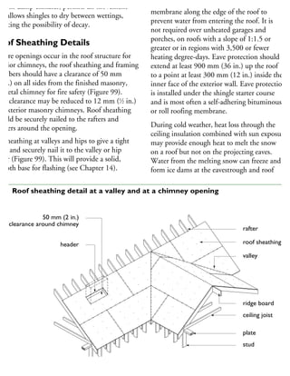 sed in damp climates, permits air movement
nd allows shingles to dry between wettings,
ducing the possibility of decay.
oof Sheathing Details
Where openings occur in the roof structure for
terior chimneys, the roof sheathing and framing
embers should have a clearance of 50 mm
2 in.) on all sides from the finished masonry,
r metal chimney for fire safety (Figure 99).
his clearance may be reduced to 12 mm (1
⁄2 in.)
r exterior masonry chimneys. Roof sheathing
hould be securely nailed to the rafters and
eaders around the opening.
t sheathing at valleys and hips to give a tight
int and securely nail it to the valley or hip
fter (Figure 99). This will provide a solid,
mooth base for flashing (see Chapter 14).
Eave protection is achieved by installing a
membrane along the edge of the roof to
prevent water from entering the roof. It is
not required over unheated garages and
porches, on roofs with a slope of 1:1.5 or
greater or in regions with 3,500 or fewer
heating degree-days. Eave protection should
extend at least 900 mm (36 in.) up the roof
to a point at least 300 mm (12 in.) inside the
inner face of the exterior wall. Eave protection
is installed under the shingle starter course
and is most often a self-adhering bituminous
or roll roofing membrane.
During cold weather, heat loss through the
ceiling insulation combined with sun exposure
may provide enough heat to melt the snow
on a roof but not on the projecting eaves.
Water from the melting snow can freeze and
form ice dams at the eavestrough and roof
rafter
roof sheathing
valley
ridge board
ceiling joist
plate
stud
50 mm (2 in.)
clearance around chimney
header
99 Roof sheathing detail at a valley and at a chimney opening
 