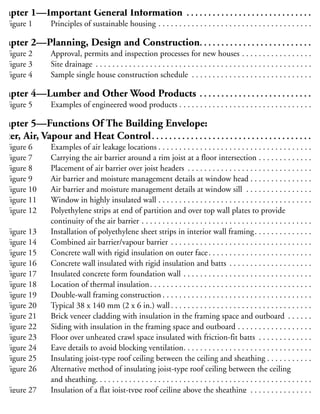 Chapter 1—Important General Information . . . . . . . . . . . . . . . . . . . . . . . . . . . . . . .
Figure 1 Principles of sustainable housing . . . . . . . . . . . . . . . . . . . . . . . . . . . . . . . . . . . . . . .
Chapter 2—Planning, Design and Construction. . . . . . . . . . . . . . . . . . . . . . . . . . . 1
Figure 2 Approval, permits and inspection processes for new houses . . . . . . . . . . . . . . . . . . 1
Figure 3 Site drainage . . . . . . . . . . . . . . . . . . . . . . . . . . . . . . . . . . . . . . . . . . . . . . . . . . . . . 1
Figure 4 Sample single house construction schedule . . . . . . . . . . . . . . . . . . . . . . . . . . . . . . 2
Chapter 4—Lumber and Other Wood Products . . . . . . . . . . . . . . . . . . . . . . . . . . . 2
Figure 5 Examples of engineered wood products . . . . . . . . . . . . . . . . . . . . . . . . . . . . . . . . . 3
Chapter 5—Functions Of The Building Envelope:
Water, Air, Vapour and Heat Control. . . . . . . . . . . . . . . . . . . . . . . . . . . . . . . . . . . . . . 3
Figure 6 Examples of air leakage locations . . . . . . . . . . . . . . . . . . . . . . . . . . . . . . . . . . . . . . 3
Figure 7 Carrying the air barrier around a rim joist at a floor intersection . . . . . . . . . . . . . . 3
Figure 8 Placement of air barrier over joist headers . . . . . . . . . . . . . . . . . . . . . . . . . . . . . . . 4
Figure 9 Air barrier and moisture management details at window head . . . . . . . . . . . . . . . . 4
Figure 10 Air barrier and moisture management details at window sill . . . . . . . . . . . . . . . . . 4
Figure 11 Window in highly insulated wall . . . . . . . . . . . . . . . . . . . . . . . . . . . . . . . . . . . . . . 4
Figure 12 Polyethylene strips at end of partition and over top wall plates to provide
continuity of the air barrier . . . . . . . . . . . . . . . . . . . . . . . . . . . . . . . . . . . . . . . . . . 4
Figure 13 Installation of polyethylene sheet strips in interior wall framing. . . . . . . . . . . . . . . 4
Figure 14 Combined air barrier/vapour barrier . . . . . . . . . . . . . . . . . . . . . . . . . . . . . . . . . . . 4
Figure 15 Concrete wall with rigid insulation on outer face. . . . . . . . . . . . . . . . . . . . . . . . . . 4
Figure 16 Concrete wall insulated with rigid insulation and batts . . . . . . . . . . . . . . . . . . . . . 5
Figure 17 Insulated concrete form foundation wall . . . . . . . . . . . . . . . . . . . . . . . . . . . . . . . . 5
Figure 18 Location of thermal insulation. . . . . . . . . . . . . . . . . . . . . . . . . . . . . . . . . . . . . . . . 5
Figure 19 Double-wall framing construction . . . . . . . . . . . . . . . . . . . . . . . . . . . . . . . . . . . . . 5
Figure 20 Typical 38 x 140 mm (2 x 6 in.) wall . . . . . . . . . . . . . . . . . . . . . . . . . . . . . . . . . . . 5
Figure 21 Brick veneer cladding with insulation in the framing space and outboard . . . . . . . 5
Figure 22 Siding with insulation in the framing space and outboard . . . . . . . . . . . . . . . . . . . 5
Figure 23 Floor over unheated crawl space insulated with friction-fit batts . . . . . . . . . . . . . . 5
Figure 24 Eave details to avoid blocking ventilation. . . . . . . . . . . . . . . . . . . . . . . . . . . . . . . . 5
Figure 25 Insulating joist-type roof ceiling between the ceiling and sheathing . . . . . . . . . . . . 5
Figure 26 Alternative method of insulating joist-type roof ceiling between the ceiling
and sheathing. . . . . . . . . . . . . . . . . . . . . . . . . . . . . . . . . . . . . . . . . . . . . . . . . . . . . 5
Figure 27 Insulation of a flat joist-type roof ceiling above the sheathing . . . . . . . . . . . . . . . . 5
 