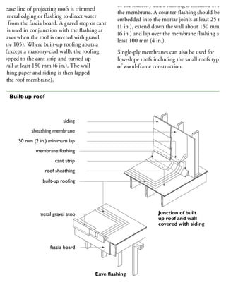 he eave line of projecting roofs is trimmed
ith metal edging or flashing to direct water
way from the fascia board. A gravel stop or cant
rip is used in conjunction with the flashing at
he eaves when the roof is covered with gravel
Figure 105). Where built-up roofing abuts a
all (except a masonry-clad wall), the roofing
mopped to the cant strip and turned up
he wall at least 150 mm (6 in.). The wall
heathing paper and siding is then lapped
ver the roof membrane).
of the masonry and a flashing is installed over
the membrane. A counter-flashing should be
embedded into the mortar joints at least 25 mm
(1 in.), extend down the wall about 150 mm
(6 in.) and lap over the membrane flashing at
least 100 mm (4 in.).
Single-ply membranes can also be used for
low-slope roofs including the small roofs typical
of wood-frame construction.
built-up roofing
metal gravel stop
fascia board
siding
sheathing membrane
50 mm (2 in.) minimum lap
membrane flashing
cant strip
roof sheathing
Eave flashing
and drip
Junction of built
up roof and wall
covered with siding
05 Built-up roof
 