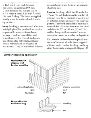 aper or a fibreglass matt facer. It should be
least 12.7 mm (1
⁄2 in.) thick for studs
00 mm (24 in.) on centre and 9.5 mm
8 in.) thick for studs 400 mm (16 in.) on
ntre. It is made in sheets 1.22 m (4 ft.) wide
nd 2.44 m (8 ft.) long. The sheets are applied
orizontally across the studs and nailed to the
aming members.
nsulating sheathing is non-structural. One type
a semi-rigid, glass-fibre panel with an exterior
apour-permeable, waterproof membrane.
nother type is made of mineral fibre and
as no membrane. Other types of rigid panels
e made of expanded polystyrene, extruded
olystyrene, polyurethane, isocyanurate or
henolic material. They are available in different
with a vapour-permeable membrane can serve
as an air barrier when the joints are sealed with
sheathing tape.
Lumber sheathing, which should not be less tha
17 mm (11
⁄16 in.) thick, is used in boards 140 to
286 mm (6 to 12 in. nominal) wide. It is milled
in a shiplap, tongue-and-groove or square-edge
pattern. The boards are nailed at each stud with
two nails for 140 to 184 mm (6 to 8 in.) widths
and three for 235 to 286 mm (10 to 12 in.)
widths. Longer nails are required in areas
susceptible to extreme wind or earthquake force
End joints in the board must be placed over the
centre of the studs with the joints staggered on
different studs. Lumber sheathing may be applie
either horizontally or diagonally (Figure 108)
Horizontal application
joint
foundation
Diagonal application
stud
45º
sheathing
joist
foundation wall
Horizontal and
diagonal wall
lumber sheathing
Diagonal lumber
floor sheathing
08 Lumber sheathing application
 