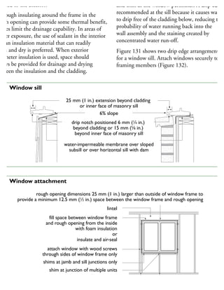 rained to the exterior.
lthough insulating around the frame in the
ough opening can provide some thermal benefit,
does limit the drainage capability. In areas of
gher exposure, the use of sealant in the interior
nd an insulation material that can readily
rain and dry is preferred. When exterior
erimeter insulation is used, space should
ways be provided for drainage and drying
etween the insulation and the cladding.
and trim at the window perimeter. A drip edge i
recommended at the sill because it causes water
to drip free of the cladding below, reducing the
probability of water running back into the
wall assembly and the staining created by
concentrated water run-off.
Figure 131 shows two drip edge arrangements
for a window sill. Attach windows securely to
framing members (Figure 132).
25 mm (1 in.) extension beyond cladding
or inner face of masonry sill
6% slope
drip notch positioned 6 mm (1
⁄4 in.)
beyond cladding or 15 mm (5
⁄8 in.)
beyond inner face of masonry sill
water-impermeable membrane over sloped
subsill or over horizontal sill with dam
31 Window sill
lintel
fill space between window frame
and rough opening from the inside
with foam insulation
or
insulate and air-seal
attach window with wood screws
through sides of window frame only
shims at jamb and sill junctions only
shim at junction of multiple units
jack stud
cripple stud
rough opening dimensions 25 mm (1 in.) larger than outside of window frame to
provide a minimum 12.5 mm (1
⁄2 in.) space between the window frame and rough opening
32 Window attachment
 
