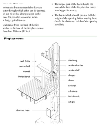 alls. The components of a masonry fireplace
e shown in Figure 146.
is convenient but not essential to have an
h dump through which ashes can be dropped
to an ash pit with a cleanout door in the
asement for periodic removal of ashes.
ther design guidelines are:
The distance from the back of the fire
chamber to the face of the fireplace cannot
be less than 300 mm (12 in.);
The upper part of the back should tilt
toward the face of the fireplace for better
burning performance;
The back, which should rise one half the
height of the opening before sloping forward,
should be about two thirds of the opening
in width;
flue lining
smoke chamber
smoke shelf
damper
throat
firebrick
ash dump
back hearth
ash pit
wall finish
mantelshelf
mantel
front hearth
cleanout door
46 Fireplace terms
 