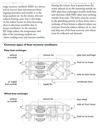 gher initial capital costs.
n energy recovery ventilator (ERV) is a device
esigned to recover heat and moisture from
he outgoing airstream and transfer it to the
coming outdoor air. In the winter, this not
nly reduces heating costs, but it also helps
revent the indoor house air from becoming
rier than it otherwise would be due to
ontinuous ventilation. In the summer,
he ERV helps reduce the temperature and
umidity of the incoming outdoor air,
ring down cooling costs and increase comfort.
channels in alternate, adjacent plates (Figure 163
During the winter, heat is passed from the
warm exhaust air to the incoming outside air.
ERV plate heat exchangers transfer both heat
and moisture while HRV plate heat exchangers
transfer heat only. The latter must be connected
to the plumbing system or floor drain since the
exchange of heat between adjacent plates causes
moisture from the indoor exhaust air to condens
and drip out of the heat recovery core where it
must be collected and drained.
exhaust fan
supply fan
exhaust
to outside
air supply
from outside
plate heat exchanger
fresh air to house
stale air from house
condensate drain
exhaust fan
supply fan
exhaust
to outside
air supply
heat wheel
stale air from house
fresh air to house
Plate heat exchanger
Wheel heat exchanger
63 Common types of heat recovery ventilators
 