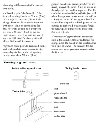 dge of the sheet may be driven with the heads
ush since they will be covered with tape and
int compound.
ypsum board may be “double-nailed,” that
, nails are driven in pairs about 50 mm (2 in.)
part at the required intervals (Figure 164).
or ceilings, double nails are spaced no more
han 300 mm (12 in.) on centre along the
upports. For walls, double nails are spaced
o more than 300 mm (12 in.) on centre.
or single-nailing, the ceiling nails are spaced
o more than 180 mm (7 in.) on centre and
r walls, at 200 mm (8 in.) on centre.
Where gypsum board provides required bracing
braced wall panels in areas exposed to high
ind or earthquake forces, the nail spacing
ust not be more than 200 mm (8 in.).
Special drywall screws are often used to fasten
gypsum board using screw guns. Screws are
usually spaced 300 mm (12 in.) on centre at bot
the edge and intermediate supports. The distanc
can be increased to 400 mm (16 in.) on walls
when the supports are not more than 400 mm
(16 in.) on centre. Where gypsum board provid
required bracing in braced wall panels in areas
exposed to high wind or earthquake forces,
the screw spacing must not be more than
300 mm (12 in.).
If two layers of gypsum board are needed,
such as for sound control or additional fire
rating, fasten the boards in the usual manner
with nails or screws. The fasteners for the
second layer must penetrate as much as for
the first layer.
stud
gypsum board
recessed edge
joint cement
tape
joint cement
feather edge
sharp fold
Indent nail or drywall screw Taping inside corner
Typical joint
65 Finishing of gypsum board
 