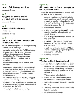 igure 6
xamples of air leakage locations
igure 7
arrying the air barrier around
rim joist at a floor intersection
igure 8
lacement of air barrier over
oist headers
igure 9
ir barrier and moisture management
etails at window head
Shown are the following from the framing sheathing
and window out to the siding:
A weather resistive barrier (WRB) extending
from the top of the window frame up a
sufficient distance to extend above the
head flashing.The WRB also extends a
minimum 100 mm (4 in.) both sides of
the window
the exterior window trim is installed over
the WRB
head flashing with end dams is installed above
the exterior window head trim and extends
a minimum 100 mm (4 in.) beyond both sides
of the window, greater if required to cover
the window trim
the WRB on the exterior sheathing is lapped
over the head flashing
the wood furring between the WRB and siding
to create a drainage space for shredding water
is installed over the WRB
the siding is installed over the furring
Figure 10
Air barrier and moisture management
details at window sill
Shown are the following from the framing sheathin
and window out to the siding:
prior to installation of the window in the
rough opening, a sub-sill flashing is installed o
the strip of weather resistive barrier (WRB)
that has been installed on the rough opening
sill, extending down the wall
the window is installed
a weather resistive barrier (WRB) on the
exterior sheathing is lapped under the
sub-sill flashing
a sill flashing with end dams is installed under
the window sill
the wood furring for the drainage space
between the WRB and siding is installed
over the WRB
the sill trim is installed over the WRB or
over the wood furring as per design drawings
and under the sill flashing
the siding is installed
Figure 11
Window in highly insulated wall
Shown are the following from interior to exterior:
Foil-faced, self-adhered membrane applied to
rough framing sill, extending from under the
window frame to the outside face of the
window sill
Window shims to level window
Backer rod and sealant, or spray foam,
to connect wall air barrier to window
Stud cavity with glass fibre (batt) insulation
Sheathing
Sheathing membrane (air and water barrier)
Exterior insulation
Sill flashing with end dams
Exterior wood trim
WATER, AIR, VAPOUR AND HEAT CONTROL
 