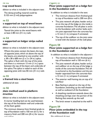 igure 52
uilt-up wood beam
In addition to what is included in the adjacent text:
The damp-proofing material could be
0.155 mm (2 mil) polypropylene
igure 53
oists supported on top of wood beam
In addition to what is included in the adjacent text:
Toenail the joists to the wood beams with
at least 2-80 mm (31
⁄2 in.) nails
igure 54
oists supported on ledger strips nailed
o beam
In addition to what is included in the adjacent text:
Where the joists contact the beam, the tops
of opposite joists, which sit above the top of
the beams, are attached to one another with
a 38 x 38 x 600 mm (2 x 2 x 24 in.) splice.
The splice is flush with the top of the joists
and there is a minimum 13 mm (1
⁄2 in.) space
between the top of the beam and underside of
the splice.The splice is nailed to each of the
opposing joists with two 82 mm (31
⁄4 in.) nails
igure 55
oists framed into a steel beam
igure 56
ill-plate method used in platform
onstruction
In addition to what is included in the adjacent text:
A mortar levelling bed can be used between
the top of the foundation wall and underside
of the foam gasket
The minimum distance from finished grade to
top of foundation wall is 150 mm (6 in.) for a
masonry finish and 200 mm (8 in.) for stucco
and sidings
Figure 57
Floor joists supported on a ledge forme
in the foundation wall
In addition to what is included in the text:
The minimum distance from finished grade
to top of foundation wall is 200 mm (8 in.)
The joist network sill plate, header and joists
sit on the top of the ledge on the inside of th
concrete foundation.The sill plate is anchored
to the foundation with anchor bolts and the
rim joist separated from the concrete face by
a 12 mm (1
⁄2 in.) airspace if untreated.
The top of the subfloor on the joist network
is level with the bottom of the wall plate;
Figure 58
Floor joists supported on a ledge forme
in the foundation wall
In addition to what is included in the adjacent text
The minimum distance from finished grade to
top of foundation wall is 150 mm (6 in.)
The joist network sill plate, header and joists,
and subfloor sit on the top of the ledge on th
inside of the concrete foundation.The sill plat
is anchored to the foundation and the joist
header separated from the concrete face by
a 12 mm (1
⁄2 in.) airspace if untreated
The exterior wall framing sits on top of the
sub-floor
Base flashing is placed on the top of the
foundation, extending up the wall sheathing
as well as outboard of the foundation
A sheathing membrane extends down the wa
sheathing and laps over the portion of the ba
flashing that extends up the wall
The brick veneer is attached to the wall frami
Figure 59
Floor joists embedded in the top
of the foundation wall
 