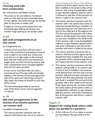 igure 68
Wall framing used with
latform construction
Further wood-frame wall details include:
The studs can be toe-nailed to the bottom
plate or, if the wall has been assembled lying
on the subfloor, end nailed through the bottom
plate to the joists or header joist
Cripple, or trimmer, studs extend from the
horizontal plate defining the bottom of a
window rough opening to the bottom plate.
igure 69
Multiple stud arrangements at an
xterior corner
Three arrangements are:
1. A three corner stud. One wall ends with a
stud in the conventional orientation.A second
stud is nailed to the inside face of that stud
such that it is at right angles to the stud and
flush with the inside corner, and extends the
length of the stud.The end of the second wall,
with a conventional stud, is brought together
with the first wall and nailed.
2. A two corner stud. Both walls end with a
conventional stud.The two walls are brought
together, with the face of one stud against the
side of the other, and nailed. Gypsum board
clips attach the sheets of drywall on each side
of the corner.
3. The third drawing provides an isometric
view of the three corner stud arrangement
in 1 above.
igure 70
Multiple stud arrangements at the
ntersection of an interior partition
ith an exterior wall
Four possible arrangements are:
1. The interior partition intersects with the
exterior wall close to but not on, an exterior
wall stud.A second stud is installed adjacent to
and at right angles to that exterior wall stud
stud of the partition wall is then nailed to the
second stud. If the vapour barrier has not
been installed on the inside surface of the
exterior wall, a strip of polyethylene sufficient
to span between adjacent exterior wall studs
is fastened to that face of the partition wall
which is nailed to the exterior wall.
2. The interior partition intersects with the
exterior wall in the central area of the stud
cavity. Horizontal blocking is installed in the
cavity, spanning from the inside face of one
stud to the inside face of the adjacent stud.
The end stud of the partition wall is then
nailed to the blocking. If the vapour barrier
has not been installed on the inside surface
of the exterior wall, a strip of polyethylene
sufficient to span between adjacent exterior
wall studs is fastened to that face of the
partition wall which is nailed to the blocking.
3. The interior partition intersects with an
exterior wall stud, and the vapour barrier and
drywall have been installed.The end stud of
the partition wall is nailed through the drywa
(and vapour barrier) to the exterior wall stud
4. The interior partition intersects with the
exterior wall partially on an exterior wall stu
A second stud is installed in the exterior wall
small distance from the first stud such that th
partition wall end stud also intersects with th
second stud.The space between the exterior
wall studs is insulated.The end stud of the
partition wall is then nailed to the second stu
If the vapour barrier has not been installed on
the inside surface of the exterior wall, a strip
of polyethylene sufficient to span between
adjacent exterior wall studs is fastened to tha
face of the partition wall which is nailed to th
exterior wall.
Figure 71
Support for ceiling finish where ceiling
joists run parallel to a partition
A 38 x 140 mm (2 x 6 in.) plate is centred
on and nailed to the top surface of the
38 x 89 mm (2 x 4 in.) top plate such
that it extends over each side of the
top plate
 