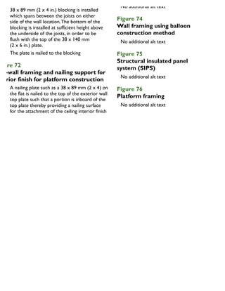 two plates
38 x 89 mm (2 x 4 in.) blocking is installed
which spans between the joists on either
side of the wall location.The bottom of the
blocking is installed at sufficient height above
the underside of the joists, in order to be
flush with the top of the 38 x 140 mm
(2 x 6 in.) plate.
The plate is nailed to the blocking
igure 72
nd-wall framing and nailing support for
nterior finish for platform construction
A nailing plate such as a 38 x 89 mm (2 x 4) on
the flat is nailed to the top of the exterior wall
top plate such that a portion is inboard of the
top plate thereby providing a nailing surface
for the attachment of the ceiling interior finish
Figure 74
Wall framing using balloon
construction method
Figure 75
Structural insulated panel
system (SIPS)
Figure 76
Platform framing
 