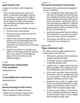 igure 77
-shaped trussed roof
Two images of a particular roof configuration
are shown.
1. One is the plan (aerial) view of the roof
which is comprised of two gable roofs that
join forming an L in plan view.The ridge of
one roof section originates from a location
on the ridge of the other (main) section.
The intersecting roof planes result in two
valleys on the roof.
2. A cut-away view of the L-shaped roof shows:
Portions of the roof sheathing
Common trusses on both the main and
intersecting roofs
Valley trusses, which are smaller trusses
placed on the roof sheathing of the main
roof that form the part of the truss
network for the intersecting roof overlying
the main roof
A girder truss, which is a stronger truss
within the intersecting roof truss network.
This truss is placed on the double top
plates of the main roof to provide
additional support.
igure 78
aised heel truss roof provides
epth for insulation
igure 79
ypes of prefabricated roof trusses
igure 80
emporary bracing of roof trusses
In addition to what is included in the text:
Gable ends are normally sheathed prior
to the installation of the end braces
Figure 81
Permanent bracing of roof trusses
One approach for permanently bracing gable roof
trusses is as follows:
Pairs of diagonal braces, originating at the
mid- point of the gable end top chord span
the underside of several trusses, with one
brace extending to the base of the top chord
abover the exterior wall, and the other to the
top chord along the ridge.This is duplicated o
the other plane of the roof and repeated at
approximately 6m (20 ft.) intervals as require
by the truss manufacturer.
Lateral bracing extends from the underside o
the mid-point of a truss web at one end of th
roof to the other on both roof planes.
The bracing is 38 x 89 mm (2 x 4 in.) or as
required by truss manufacturer.
Figure 82
Types of pitched roofs
Six roofs are shown: a gable, a gable dormer,
a shed dormer and a hip roof:
A flat roof is one that is flat or pitched just
enough to provide drainage.
A monolith roof has a single plane with a
moderately sloping surface.
A gable roof is a ridged roof that has only tw
planes. the gable is the triangular portion of
the building wall at each end of the roof.
A hip roof is one which rises by inclined plan
from all four sides of a building which interse
at a centre point or ridge.The intersections o
adjacent roof planes are terms hips.
A gambrel roof is similar to a gable roof but
has its two roof planes broken by an obtuse
angles, so that the lower slope on each is
steeper than the adjacent upper slope.
A mansard roof is similar to a hip roof but ha
its four roof planes broken by an obtuse angle
so that the lower slope on each is steeper
than the adjacent upper slope.
 