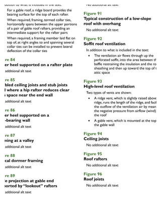 In addition to what is included in the text:
For a gable roof, a ridge board provides the
bearing surface for the top of each rafter.
When required, framing, termed collar ties,
horizontally spans between the upper portions
of a pair of gable roof rafters, providing an
intermediate support for the rafter pairs
When required, a framing member laid flat on
top of, at right angles to and spanning several
collar ties can be installed to prevent lateral
deflection of the collar ties
igure 84
after heel supported on a rafter plate
igure 85
oubled ceiling joists and stub joists
sed where a hip rafter reduces clear
pan space near the end wall
igure 86
after heel supported on a
oad-bearing wall
igure 87
raming at a valley
igure 88
ypical dormer framing
igure 89
Wide projection at gable end
upported by “lookout” rafters
Figure 91
Typical construction of a low-slope
roof with overhang
Figure 92
Soffit roof ventilation
In addition to what is included in the text:
The ventilation air flows through up the
perforated soffit, into the area between the
baffle restraining the insulation and the roof
sheathing and then up toward the top of the
attic space
Figure 93
High-level roof ventilation
Two types of vents are shown:
A ridge vent, which is slightly raised above the
ridge, runs the length of the ridge, and facilitat
the outflow of the ventilation air by means of
the negative pressure from airflow (wind) ove
the roof
A gable vent, which is mounted at the top of
the gable wall
Figure 94
Ceiling joists
Figure 95
Roof rafters
Figure 96
Roof joists
 