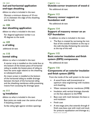 igure 107
ertical and horizontal application
f panel-type sheathing
In addition to what is included in the text:
Maintain a minimum distance of 10 mm
(3
⁄8 in.) between the edge of the sheathing
and the nails
igure 108
umber sheathing application
In addition to what is included in the text:
For diagonal application lumber is at
45 degrees to the studs
igure 109
ypes of siding
igure 110
Horizontal siding
In addition to what is included in the text:
A starter strip is installed on the inside face at
the bottom of the lowest piece of horizontal
siding to enable the lowest piece of siding to
have the same angle relative to the sheathing
as subsequent pieces
An insect screen is installed at the bottom
of the horizontal siding to enable drainage
between the back of the horizontal siding
and the sheathing membrane while preventing
insects from accessing the drainage space
igure 111
iding installation
In addition to what is included in the text:
Butt joints are made over the centre of stud
if sheathing omitted
Scribe siding tight against window openings
Figure 112
Outside-corner treatment of wood sidin
Figure 113
Masonry veneer support on
foundation wall
Figure 114
Support of masonry veneer on an
ICF foundation
In addition to what is included in the text:
The flare is created by narrowing the inside
face of the outside insulation at the top of
the wall, thereby thickening the concrete
at the top of the wall
Figure 115
Basic exterior insulation and finish
system (EIFS) components
Figure 116
Components of an exterior insulation
and finish system (EIFS)
From the inside of the wall system to the outside:
A wood frame wall (conventional or
optimum value engineering) with insulation
and sheathing
Water resistant barrier membrane (WRB)
Insulation, with vertical drainage channels
on the face adjacent to the WRB
Base coat with mesh between the base coat
and insulation
Finish coat
A two-stage joint, that extends through the
finish coat, base coat with mesh and insulation
for pressure equalization and drainage at join
between panels
 