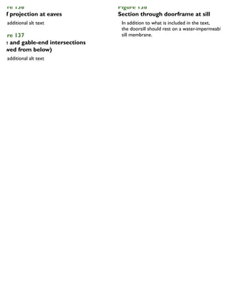 igure 136
oof projection at eaves
igure 137
ave and gable-end intersections
viewed from below)
Figure 138
Section through doorframe at sill
In addition to what is included in the text,
the doorsill should rest on a water-impermeable
sill membrane.
 