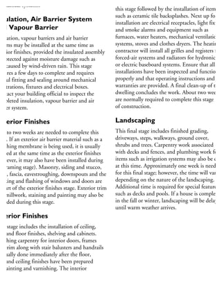 echanical systems.
nsulation, Air Barrier System
nd Vapour Barrier
nsulation, vapour barriers and air barrier
stems may be installed at the same time as
xterior finishes, provided the insulated assembly
protected against moisture damage such as
hat caused by wind-driven rain. This stage
quires a few days to complete and requires
reful fitting and sealing around mechanical
enetrations, fixtures and electrical boxes.
ontact your building official to inspect the
ompleted insulation, vapour barrier and air
arrier system.
xterior Finishes
ne to two weeks are needed to complete this
age. If an exterior air barrier material such as a
heathing membrane is being used, it is usually
pplied at the same time as the exterior finishes
however, it may also have been installed during
he framing stage). Masonry, siding and stucco,
ffit, fascia, eavestroughing, downspouts and the
ulking and flashing of windows and doors are
l part of the exterior finishes stage. Exterior trim
nd millwork, staining and painting may also be
cluded during this stage.
nterior Finishes
his stage includes the installation of ceiling,
all and floor finishes, shelving and cabinets.
nishing carpentry for interior doors, frames
nd trim along with stair balusters and handrails
usually done immediately after the floor,
all and ceiling finishes have been prepared
r painting and varnishing. The interior
nishing stage normally requires about two
eeks to complete.
Painting is performed at the beginning of
this stage followed by the installation of items
such as ceramic tile backsplashes. Next up for
installation are electrical receptacles, light fixture
and smoke alarms and equipment such as
furnaces, water heaters, mechanical ventilation
systems, stoves and clothes dryers. The heating
contractor will install all grilles and registers for
forced-air systems and radiators for hydronic
or electric baseboard systems. Ensure that all
installations have been inspected and function
properly and that operating instructions and
warranties are provided. A final clean-up of the
dwelling concludes the work. About two weeks
are normally required to complete this stage
of construction.
Landscaping
This final stage includes finished grading,
driveways, steps, walkways, ground cover,
shrubs and trees. Carpentry work associated
with decks and fences, and plumbing work for
items such as irrigation systems may also be don
at this time. Approximately one week is needed
for this final stage; however, the time will vary
depending on the nature of the landscaping.
Additional time is required for special features
such as decks and pools. If a house is completed
in the fall or winter, landscaping will be delayed
until warm weather arrives.
 