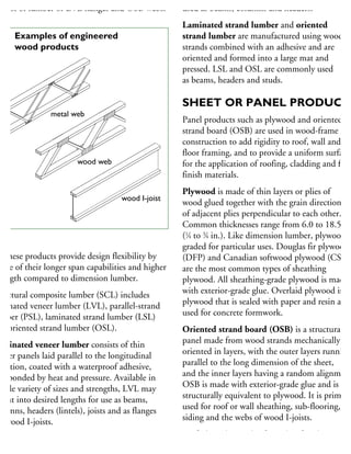 onsist of lumber or LVL flanges and OSB webs.
ll these products provide design flexibility by
rtue of their longer span capabilities and higher
rength compared to dimension lumber.
ructural composite lumber (SCL) includes
minated veneer lumber (LVL), parallel-strand
mber (PSL), laminated strand lumber (LSL)
nd oriented strand lumber (OSL).
aminated veneer lumber consists of thin
eneer panels laid parallel to the longitudinal
rection, coated with a waterproof adhesive,
nd bonded by heat and pressure. Available in
wide variety of sizes and strengths, LVL may
e cut into desired lengths for use as beams,
olumns, headers (lintels), joists and as flanges
r wood I-joists.
arallel-strand lumber is manufactured using
hin veneer panels cut into narrow strips and
used as beams, columns and headers.
Laminated strand lumber and oriented
strand lumber are manufactured using wood
strands combined with an adhesive and are
oriented and formed into a large mat and
pressed. LSL and OSL are commonly used
as beams, headers and studs.
SHEET OR PANEL PRODUCTS
Panel products such as plywood and oriented
strand board (OSB) are used in wood-frame
construction to add rigidity to roof, wall and
floor framing, and to provide a uniform surface
for the application of roofing, cladding and floo
finish materials.
Plywood is made of thin layers or plies of
wood glued together with the grain direction
of adjacent plies perpendicular to each other.
Common thicknesses range from 6.0 to 18.5 mm
(1
⁄4 to 3
⁄4 in.). Like dimension lumber, plywood is
graded for particular uses. Douglas fir plywood
(DFP) and Canadian softwood plywood (CSP)
are the most common types of sheathing
plywood. All sheathing-grade plywood is made
with exterior-grade glue. Overlaid plywood is
plywood that is sealed with paper and resin and
used for concrete formwork.
Oriented strand board (OSB) is a structural
panel made from wood strands mechanically
oriented in layers, with the outer layers running
parallel to the long dimension of the sheet,
and the inner layers having a random alignment
OSB is made with exterior-grade glue and is
structurally equivalent to plywood. It is primaril
used for roof or wall sheathing, sub-flooring,
siding and the webs of wood I-joists.
Waferboard is made of wood wafers that, unlik
OSB, are not oriented. It has been replaced by
metal web
wood web
wood I-joist
5 Examples of engineered
wood products
 