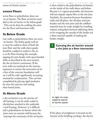 e connected and sealed in order to provide a
ontinuous air barrier system.
Basement Floors
concrete floor or polyethylene sheet can
rve an air barrier. The floor air barrier must
e sealed to the air barrier in the below-grade
alls. This can be done by caulking the joint
etween the floor and basement walls.
Walls Below Grade
oncrete walls or polyethylene sheet can serve
an air barrier. The below-grade wall air
arrier must be sealed to those of both the
asement floor and the walls above grade;
nd should be caulked or sealed to the air
arrier at the floor framing (for example,
y wrapping the joist header with spun-bonded
olyolefin as described in the next section)
make the air barrier continuous. If the
asement walls are insulated on the interior,
is important to restrict the movement of air
the face of the concrete foundation wall
ecause it will be cold, significantly increasing
he potential for condensation. This can best
e accomplished by placing rigid insulation
rectly onto the concrete and sealing
sulation board joints.
Walls Above Grade
When the air barrier is on the interior of
he wall framing, it can be easily sealed to
he polyethylene attached to the underside
the roof framing. However, it is difficult
install a polyethylene air barrier where the
oor joists meet an exterior wall because the
ists interrupt the continuity of the air barrier.
is good practice to wrap vapour-permeable
nd air-impermeable) spun-bonded polyolefin
of the wall above (Figure 7). The housewrap
is then sealed to the polyethylene air barriers
on the inside of the walls above and below.
Because it is vapour-permeable, the housewrap
will not impede vapour flow at the rim joist.
Similarly, the junction between foundation
walls and sill plates, the sill plate and joist
headers and the rim joists and the subfloor
material must be made airtight by installing
sealants and gaskets between adjoining elements
or by wrapping the outside of the header with
a sheet material capable of making the
header airtight.
If the plane of airtightness is located on the
interior of the building envelope, the electrical
wiring, outlets and switches and recessed
light fixtures penetrating through the plane
air tight rim wrap
sealed to interior
air barrier system
sealant
7 Carrying the air barrier around
a rim joist at a floor intersection
 