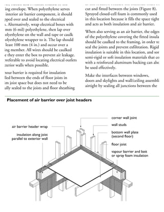 xtures, outlets and switches located in the
uilding envelope. When polyethylene serves
an interior air barrier component, it should
e lapped over and sealed to the electrical
oxes. Alternatively, wrap electrical boxes with
15 mm (6 mil) polyethylene, then lap over
he polyethylene on the wall and tape or caulk
he polyethylene wrapper to it. The lap should
e at least 100 mm (4 in.) and occur over a
aming member. All wires should be caulked
here they enter the box to prevent air leakage.
is preferable to avoid locating electrical outlets
n exterior walls when possible.
vapour barrier is required for insulation
stalled between the ends of floor joists in
he rim joist space but does not need to be
refully sealed to the joists and floor sheathing
at this location because the materials must be
cut and fitted between the joists (Figure 8).
Sprayed closed-cell foam is commonly used
in this location because it fills the space tightly
and acts as both insulation and air barrier.
When also serving as an air barrier, the edges
of the polyethylene covering the fitted insulation
should be caulked to the framing, in order to
seal the joints and prevent exfiltration. Rigid
insulation is suitable in this location, and some
semi-rigid or soft insulation materials that come
with a reinforced aluminum backing can also
be used effectively.
Make the interfaces between windows,
doors and skylights and wall/ceiling assemblies
airtight by sealing all junctions between the
corner wall joint
wall studs
bottom wall plate
(second floor)
floor joist
vapour barrier and batt
or spray foam insulation
air barrier header wrap
insulation along joist
parallel to exterior wall
8 Placement of air barrier over joist headers
 