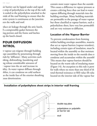 Figure 13).
he air barrier can be lapped under and taped
the strip of polyethylene at the top of the wall.
his is sealed to the polyethylene attached to the
nderside of the roof framing to ensure that the
r barrier system is continuous at the junction
etween the walls and roof.
o reduce air leakage through the attic hatch,
stall a compressible gasket between the
pening portion and the frame and latches
keep the hatch closed.
VAPOUR DIFFUSION
CONTROL
Water vapour can migrate through building
nvelope assemblies by penetrating through
aterials by ‘diffusion’. Many activities such
cooking, dishwashing, laundering and
athing release considerable amounts of
ater vapour into the air and increase its
umidity. As water vapour diffuses through
semblies, it can condense on cold surfaces
uch as the inside face of the exterior sheathing
nd cause deterioration.
In the winter, the air inside the house may
contain more water vapour than the outside air.
This causes a difference in vapour pressure and
creates a driving force that can lead to water
vapour diffusing through materials into the
building envelope. Many building materials
are permeable to the passage of water vapour,
but those classified as vapour barriers, such as
polyethylene sheet, have very low permeability
and are very resistant to diffusion.
Location of the Vapour Barrier
To prevent condensation from forming
within building envelope assemblies, materials
that act as vapour barriers (vapour retarders),
including certain types of insulation, must be
located within the assembly so that moisture
moving from the inside to the outside does not
condense and accumulate within the assembly.
This means that vapour barriers should be
located on the warm side of insulating materials
(Figure 14). An exception to this rule is permitte
for walls where no more than one third of the
total thermal resistance or RSI-value (R-value) is
located on the interior side of the vapour barrier
double top plate
polyethylene or polyolefin
air barrier tab
stud
13 Installation of polyethylene sheet strips in interior wall framing
 