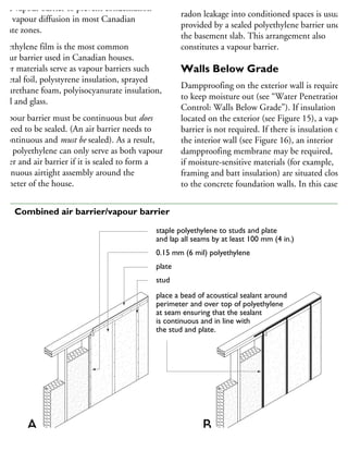 the vapour barrier to prevent condensation
om vapour diffusion in most Canadian
imate zones.
olyethylene film is the most common
apour barrier used in Canadian houses.
ther materials serve as vapour barriers such
metal foil, polystyrene insulation, sprayed
olyurethane foam, polyisocyanurate insulation,
etal and glass.
vapour barrier must be continuous but does
ot need to be sealed. (An air barrier needs to
e continuous and must be sealed). As a result,
heet polyethylene can only serve as both vapour
arrier and air barrier if it is sealed to form a
ontinuous airtight assembly around the
erimeter of the house.
Dampproofing and air barrier protection agains
radon leakage into conditioned spaces is usually
provided by a sealed polyethylene barrier under
the basement slab. This arrangement also
constitutes a vapour barrier.
Walls Below Grade
Dampproofing on the exterior wall is required
to keep moisture out (see “Water Penetration
Control: Walls Below Grade”). If insulation is
located on the exterior (see Figure 15), a vapour
barrier is not required. If there is insulation on
the interior wall (see Figure 16), an interior
dampproofing membrane may be required,
if moisture-sensitive materials (for example,
framing and batt insulation) are situated close
to the concrete foundation walls. In this case,
staple polyethylene to studs and plate
and lap all seams by at least 100 mm (4 in.)
0.15 mm (6 mil) polyethylene
plate
stud
place a bead of acoustical sealant around
perimeter and over top of polyethylene
at seam ensuring that the sealant
is continuous and in line with
the stud and plate.
A B
14 Combined air barrier/vapour barrier
 