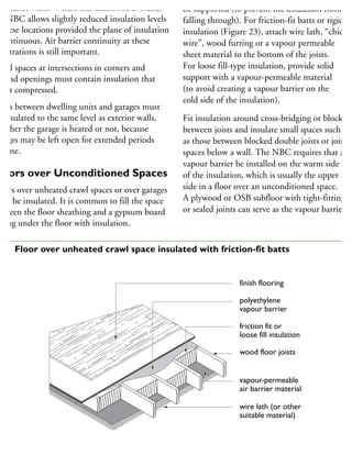 exterior walls. Where this cannot be avoided,
he NBC allows slightly reduced insulation levels
these locations provided the plane of insulation
continuous. Air barrier continuity at these
enetrations is still important.
mall spaces at intersections in corners and
ound openings must contain insulation that
not compressed.
Walls between dwelling units and garages must
e insulated to the same level as exterior walls,
hether the garage is heated or not, because
arages may be left open for extended periods
time.
loors over Unconditioned Spaces
oors over unheated crawl spaces or over garages
ust be insulated. It is common to fill the space
etween the floor sheathing and a gypsum board
iling under the floor with insulation.
underside of the floor, the insulation must
be supported (to prevent the insulation from
falling through). For friction-fit batts or rigid
insulation (Figure 23), attach wire lath, “chicken
wire”, wood furring or a vapour permeable
sheet material to the bottom of the joists.
For loose fill-type insulation, provide solid
support with a vapour-permeable material
(to avoid creating a vapour barrier on the
cold side of the insulation).
Fit insulation around cross-bridging or blocking
between joists and insulate small spaces such
as those between blocked double joists or joist
spaces below a wall. The NBC requires that a
vapour barrier be installed on the warm side
of the insulation, which is usually the upper
side in a floor over an unconditioned space.
A plywood or OSB subfloor with tight-fitting
or sealed joints can serve as the vapour barrier.
finish flooring
polyethylene
vapour barrier
friction fit or
loose fill insulation
wood floor joists
vapour-permeable
air barrier material
wire lath (or other
suitable material)
23 Floor over unheated crawl space insulated with friction-fit batts
 