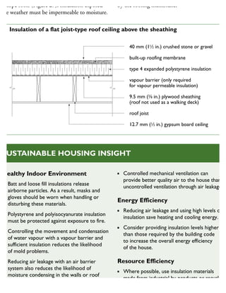 w-slope roofs (Figure 27). Insulation exposed
the weather must be impermeable to moisture.
by the roofing membrane.
40 mm (11
⁄2 in.) crushed stone or gravel
built-up roofing membrane
type 4 expanded polystyrene insulation
vapour barrier (only required
for vapour permeable insulation)
9.5 mm (3
⁄8 in.) plywood sheathing
(roof not used as a walking deck)
roof joist
12.7 mm (1
⁄2 in.) gypsum board ceiling
27 Insulation of a flat joist-type roof ceiling above the sheathing
Healthy Indoor Environment
Batt and loose fill insulations release
airborne particles. As a result, masks and
gloves should be worn when handling or
disturbing these materials.
Polystyrene and polyisocyanurate insulation
must be protected against exposure to fire.
Controlling the movement and condensation
of water vapour with a vapour barrier and
sufficient insulation reduces the likelihood
of mold problems.
Reducing air leakage with an air barrier
system also reduces the likelihood of
moisture condensing in the walls or roof
and causing decay and mold growth.
Controlled mechanical ventilation can
provide better quality air to the house than
uncontrolled ventilation through air leakage.
Energy Efficiency
Reducing air leakage and using high levels of
insulation save heating and cooling energy.
Consider providing insulation levels higher
than those required by the building code
to increase the overall energy efficiency
of the house.
Resource Efficiency
Where possible, use insulation materials
made from industrial by-products or recycled
waste such as most glass, mineral fibre and
SUSTAINABLE HOUSING INSIGHT
 