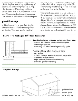 onforms to the uneven ground surfaces. The
bric is left in place preventing rapid drying of
he concrete and eliminating the need to strip
way the formwork. When integrated into
undation forms such as ICF formwork shown
Figure 34, concrete footings and foundation
alls can be cast in one continuous concrete pour.
tepped Footings
epped footings may be required on sloping
tes or where there is an unstable soil pocket
nder a footing. They may also be required
run level of the footing should be placed on
undisturbed soil or compacted granular fill.
The vertical part of the step should be placed
at the same time as the footing.
The vertical connection between footings at
the step should be concrete at least 150 mm
(6 in.) thick and the same width as the footings
(Figure 35). On steep slopes, more than one step
may be required. Except in rock, the vertical
distance between steps should not exceed 600 m
(24 in.), and the horizontal distance between
steps should not be less than 600 mm (24 in.).
grade entrance
finished grade
below frost linefooting on undisturbed soil
600 mm (24 in.)
35 Stepped footings
Sub-slab insulation extruded polystyrene foam board
provides RSI 3.5 (R20) insulation minimizing heat
loss through floor slab
made using non-ozone-depleting expanding agent
Footing utilizing fabric forming system
easy leveling
prevents concrete water from entering water table
produces a stronger footing
single concrete pour for walls and footing
eliminates ground water entry
34 Fabric form footing and ICF foundation wall
 