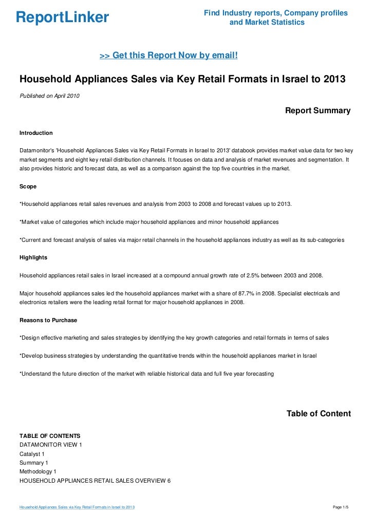 Household Appliances Sales via Key Retail Formats in Israel to 2013