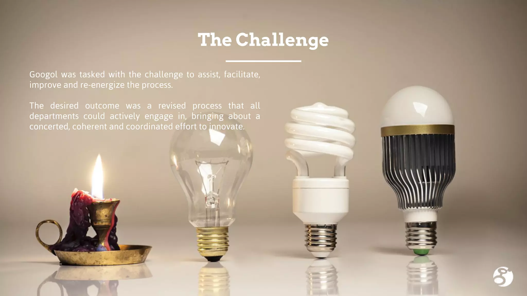 Googol was tasked with the challenge to assist, facilitate,
improve and re-energize the process.
The desired outcome was a revised process that all
departments could actively engage in, bringing about a
concerted, coherent and coordinated effort to innovate.
The Challenge
 