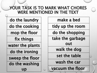 YOUR TASK IS TO MARK WHAT CHORES
WERE MENTIONED IN THE TEXT
do the laundry
do the cooking
mop the floor
fix things
water the plants
do the ironing
sweep the floor
do the washing
up
make a bed
tidy up the room
do the shopping
take the garbage
out
walk the dog
set the table
wash the car
vacuum the floor
 
