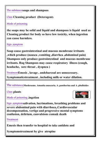 Mushrooms. Amanita muscaria, A. pantherina and A. phalloides(substanceThe
plantslassC
ingetion,poisoningMode of
, breathing problems andsalivation, lacrimationsSign ,symptom
severe abdominal pain with diarrhoea,.Cardiovascular
decompensation, vertigo and progressive mental symptoms
confusion, delirium, convulsions coma& death
Treatment
Emesis then transfer to hospital to take antidote and
Symptomstreatment by give atropine
soaps and shampoosThe substance
)Cleaning product (DeterogentClass
Mode of poisoning
the soaps may be solid and liquid and shampoos is liquid used as
Cleaning product for body so have low toxicity, when ingestion
can cause harmless.
Sign ,symptom
Soap cause gastrointestinal and mucous membrane irritants
,which produce (nausea ,vomiting ,diarrhea ,abdominal pain)
Shampoos only produce gastrointestinal and mucous membrane
irritants. Rug Shampoos may cause respiratory illness (cough,
headache, sore throat , dyspnea )
Emesis , lavage , andcharcoal are unnecessary.Treatment
Symptomaticstreatment , including milk or water dilution.
 
