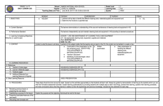 GRADE 1 to 12
DAILY LESSON LOG
School MABOG NATIONAL HIGH SCHOOL Grade Level 7
Teacher LOVELY A. VERDON Learning Area TLE
Teaching Dates and Time June 26-30, 2017/11:00-12:00 & 3:00-4:00 Quarter FIRST
MONDAY TUESDAY WEDNESDAY THURDAY FRIDAY
I. OBJECTIVES  HOLIDAY 1. Learners will be able to identify the different cleaning tools, materials/supplies and equipment and
2. Determine the functions or specified task
 ICL
A. Content Standard The learners demonstrate an understanding of the use and maintenance of cleaning tools and equipment in HS
B. Performance Standard The learners independently use and maintain cleaning tools and equipment in HS according to standard procedures
C. Learning Competency/Objectives
Write the LC code for each.
LESSON 1: USE AND MAINTENANCE OF CLEANING TOOLS AND EQUIPMENT
LO1. Use appropriate cleaning tools, equipment, supplies and materials.
(TLE_HEHS7/8UT-0a-1
EASE TLE_HE )
II. CONTENT Content is what the lesson is all about. It pertains to the subject matter that the teacher aims to teach in the CG, the content can be tackled in a week or two.
 Continuation of the presentation by the
two remaining group ; IDENTIFYING
TOOLS/EQUIPMENT &
MATERIALS/SUPPLIES
 Teacher’s discussion
 Identifying of pictures/images about
TOOLS/EQUIPMENT &
MATERIALS/SUPPLIES
 Written
examination
 Video presentation on
handling the different
cleaning tools,
materials/supplies and
equipment
III. LEARNING RESOURCES
A. References
9. Teacher’s Guide pages HOUSEHOLD SERVICES (PP 12)
10. Learner’s Materials pages HOUSEHOLD SERVICES (PP 5-12)
11. Textbook pages
12. Additional Materials from
Learning Resource (LR)portal
B. Other Learning Resource VIDEO PRESENTATION
IV. PROCEDURES These steps should be done across the week. Spread out the activities appropriately so that students will learn well. Always be guided by demonstration of learning by the students which you can
infer from formative assessment activities. Sustain learning systematically by providing students with multiple ways to learn new things, practice their learning, question their learning processes,
and draw conclusions about what they learned in relation to their life experiences and previous knowledge. Indicate the time allotment for each step.
U. Reviewing previous lesson or
presenting the new lesson
V. Establishing a purpose for the lesson Explain the purpose and the objectives that should be met for the topic
W. Presenting examples/Instances of the
new lesson
X. Discussing new concepts and
 