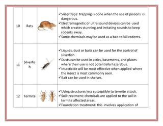 10 Rats
Snap traps: trapping is done when the use of poisons is
dangerous.
Electromagnetic or ultra sound devices can be used
which creates stunning and irritating sounds to keep
rodents away.
Some chemicals may be used as a bait to kill rodents.
11
Silverfis
h
Liquids, dust or baits can be used for the control of
silverfish.
Dusts can be used in attics, basements, and places
where their use is not potentially hazardous.
Insecticide will be most effective when applied where
the insect is most commonly seen.
Bait can be used in shelves.
12 Termite
Using structures less susceptible to termite attack.
Soil treatment: chemicals are applied to the soil in
termite affected areas.
Foundation treatment: this involves application of
 