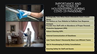 Strategically Time When Room Attendants Clean a Guest
Room.
Put Notices on Your Website to Publicize Your Response
Protocol
Provide Your Staff with an Abundance of Proper Personal
Protective Equipment (PPE)
Robust Cleaning SOPs
External Communication of Cleanliness
Lean Teams Doesn’t Necessarily Mean Less Efficient Teams
Opt-In Housekeeping & Safety Consultations
Ensuring Safety for Staff and Guests
 