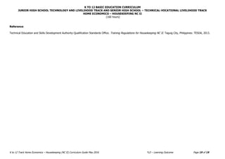 K TO 12 BASIC EDUCATION CURRICULUM
JUNIOR HIGH SCHOOL TECHNOLOGY AND LIVELIHOOD TRACK AND SENIOR HIGH SCHOOL – TECHNICAL-VOCATIONAL LIVELIHOOD TRACK
HOME ECONOMICS – HOUSEKEEPING NC II
(160 hours)
K to 12 Track Home Economics – Housekeeping (NC II) Curriculum Guide May 2016 *LO – Learning Outcome Page 19 of 19
Reference:
Technical Education and Skills Development Authority-Qualification Standards Office. Training Regulations for Housekeeping NC II. Taguig City, Philippines: TESDA, 2013.
 