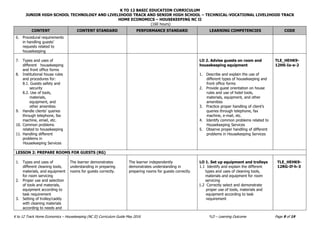 K TO 12 BASIC EDUCATION CURRICULUM
JUNIOR HIGH SCHOOL TECHNOLOGY AND LIVELIHOOD TRACK AND SENIOR HIGH SCHOOL – TECHNICAL-VOCATIONAL LIVELIHOOD TRACK
HOME ECONOMICS – HOUSEKEEPING NC II
(160 hours)
K to 12 Track Home Economics – Housekeeping (NC II) Curriculum Guide May 2016 *LO – Learning Outcome Page 9 of 19
CONTENT CONTENT STANDARD PERFORMANCE STANDARD LEARNING COMPETENCIES CODE
6. Procedural requirements
in handling guests’
requests related to
housekeeping
7. Types and uses of
different housekeeping
and front office forms
8. Institutional house rules
and procedures for:
8.1. Guests safety and
security
8.2. Use of tools,
materials,
equipment, and
other amenities
9. Handle clients’ queries
through telephone, fax
machine, email, etc.
10. Common problems
related to housekeeping
11. Handling different
problems in
Housekeeping Services
LO 2. Advise guests on room and
housekeeping equipment
1. Describe and explain the use of
different types of housekeeping and
front office forms
2. Provide guest orientation on house
rules and use of hotel tools,
materials, equipment, and other
amenities
3. Practice proper handling of client’s
queries through telephone, fax
machine, e-mail, etc.
4. Identify common problems related to
Housekeeping Services
5. Observe proper handling of different
problems in Housekeeping Services
TLE_HEHK9-
12HS-Ia-e-2
LESSON 2: PREPARE ROOMS FOR GUESTS (RG)
1. Types and uses of
different cleaning tools,
materials, and equipment
for room servicing
2. Proper use and selection
of tools and materials,
equipment according to
task requirement
3. Setting of trolley/caddy
with cleaning materials
according to needs and
The learner demonstrates
understanding in preparing
rooms for guests correctly.
The learner independently
demonstrates understanding in
preparing rooms for guests correctly.
LO 1. Set up equipment and trolleys
1.1 Identify and explain the different
types and uses of cleaning tools,
materials and equipment for room
servicing
1.2 Correctly select and demonstrate
proper use of tools, materials and
equipment according to task
requirement
TLE_HEHK9-
12RG-If-h-3
 