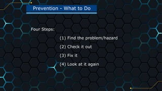 Prevention - What to Do
21
Four Steps:
(1) Find the problem/hazard
(2) Check it out
(3) Fix it
(4) Look at it again
 