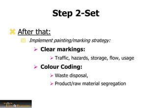 Step 2-Set
 After that:
 Implement painting/marking strategy:
 Clear markings:
 Traffic, hazards, storage, flow, usage
 Colour Coding:
 Waste disposal,
 Product/raw material segregation
 