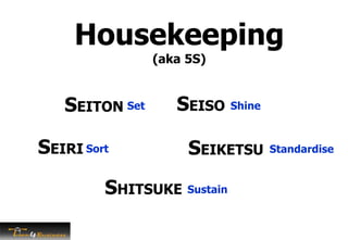 Housekeeping
(aka 5S)
SEIRI
SEITON
SHITSUKE
SEISO
SEIKETSUSort
Set Shine
Standardise
Sustain
 