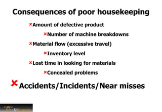 Consequences of poor housekeeping
Amount of defective product
Number of machine breakdowns
Material flow (excessive travel)
Inventory level
Lost time in looking for materials
Concealed problems
Accidents/Incidents/Near misses
 