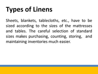 Linens Types Example Housekeeping ch 11 | PPTX